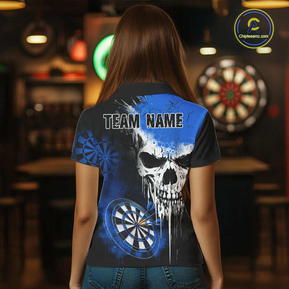 Personalized Blue Grunge Skull Darts Shirt For Women Custom Darts Jersey Team Polo & 1/4 Zip TDM6432