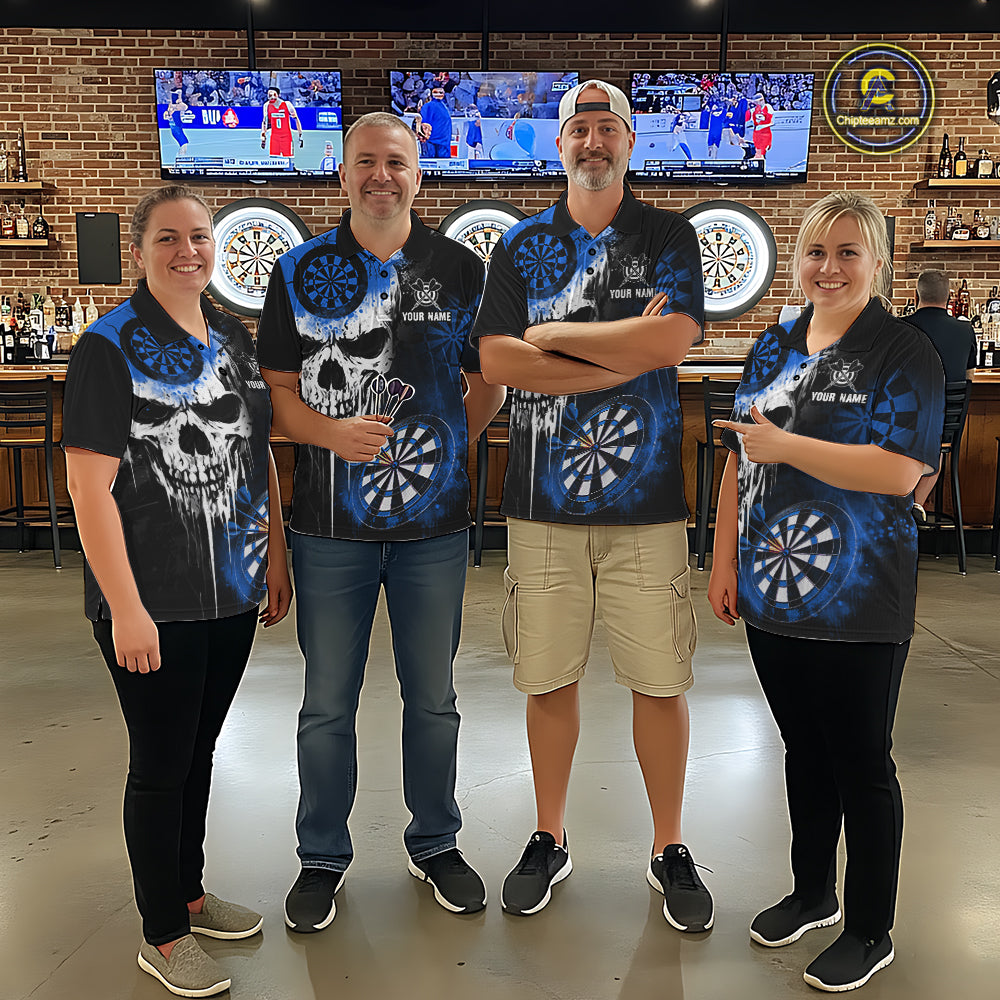 Personalized Blue Grunge Skull Darts Shirt For Women Custom Darts Jersey Team Polo & 1/4 Zip TDM6432