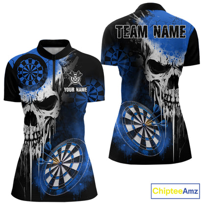 Personalized Blue Grunge Skull Darts Shirt For Women Custom Darts Jersey Team Polo & 1/4 Zip TDM6432