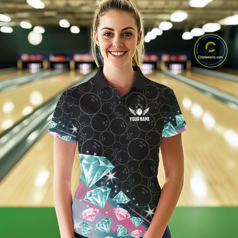 Woman wearing a pink and turquoise diamond bowling polo shirt in a bowling alley, featuring customizable player name and team name text.