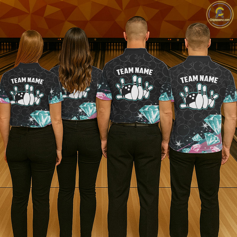 Funny Pink And Turquoise Diamonds Bowling Shirt For Men, Custom Bowling Team Jersey Polo & 1/4 Zip TDM6627