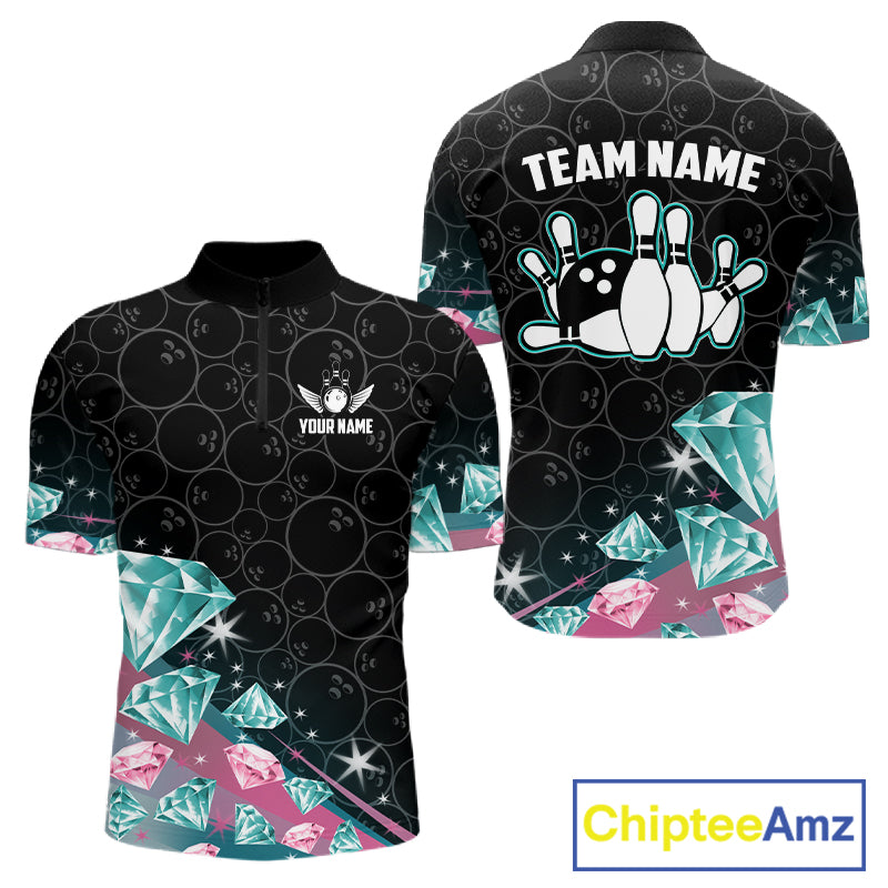 Men's bowling quarter zip shirt with pink and turquoise diamond graphics, featuring customizable player name and team name text.