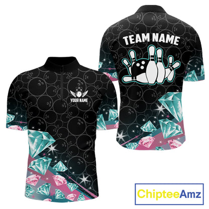 Men's bowling quarter zip shirt with pink and turquoise diamond graphics, featuring customizable player name and team name text.