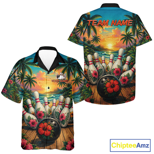 Hawaiian shirt with bowling design and tropical scenery, featuring 'Your Name' and 'Team Name' text.
