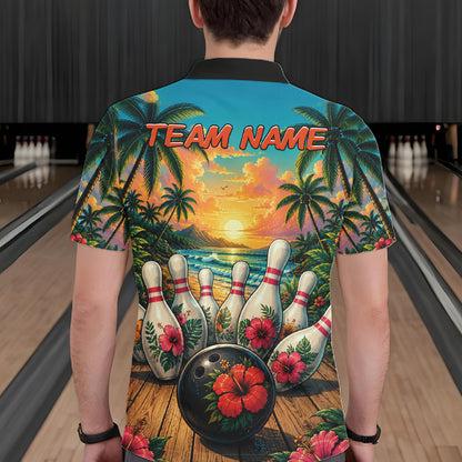 Personalized Hibiscus Summer Bowling Jersey, Ocean Scene Bowling Shirts Polo & Quarter Zip For Men TDM6635