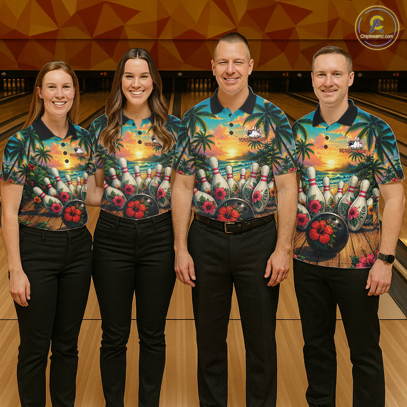 Personalized Hibiscus Summer Bowling Jersey, Ocean Scene Bowling Shirts Polo & Quarter Zip For Men TDM6635