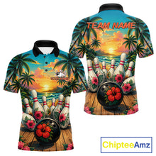 Load image into Gallery viewer, Men's bowling polo shirt featuring a tropical hibiscus and ocean scene design, with customizable player name and team name text.