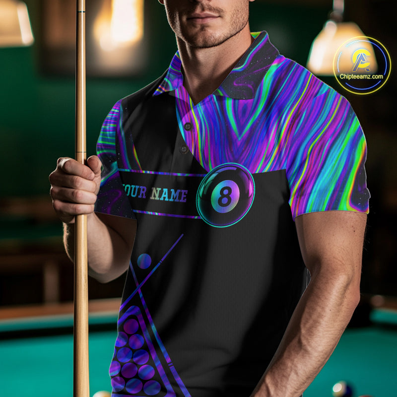 Man wearing a neon purple blue 8 ball tie dye billiard jersey front view, custom pool team shirt.