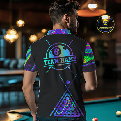 Back view of man wearing a neon purple blue 8 ball tie dye 8 ball pool jersey.