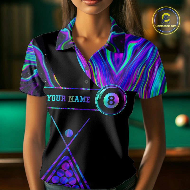 Woman wearing a neon purple blue 8 ball tie dye billiard jersey front view, custom pool team shirt.