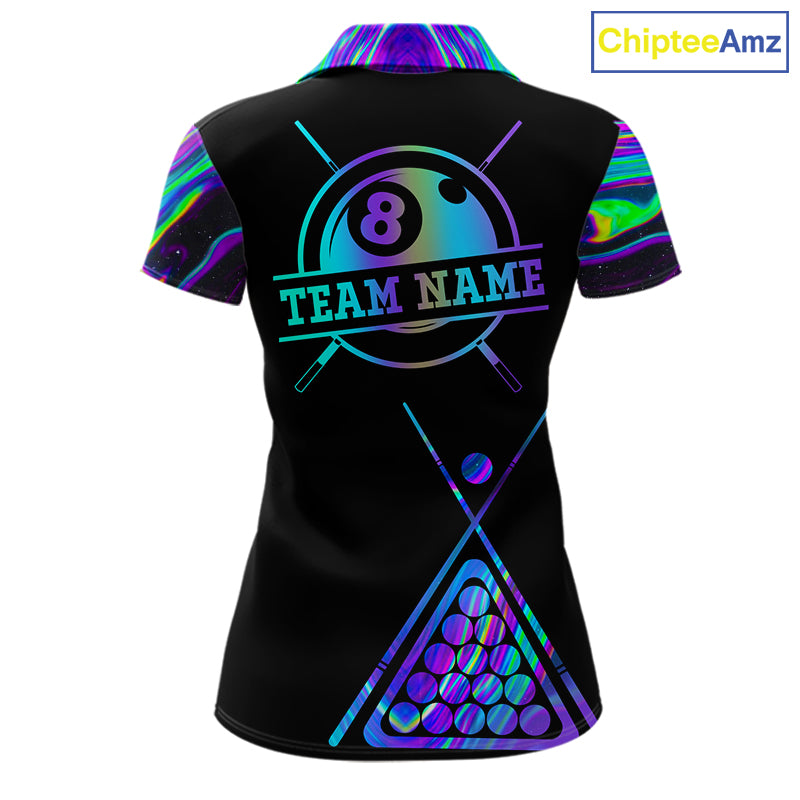 Neon purple blue 8 ball tie dye pool team polo shirt for women with vibrant billiard graphics.