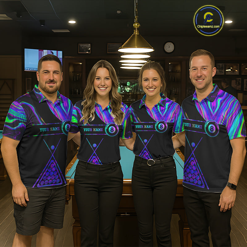 Pool team wearing matching neon purple blue 8 ball tie dye billiard jerseys front view.