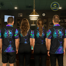 Load image into Gallery viewer, Back view of pool team wearing matching neon purple blue 8 ball tie dye billiard shirts.