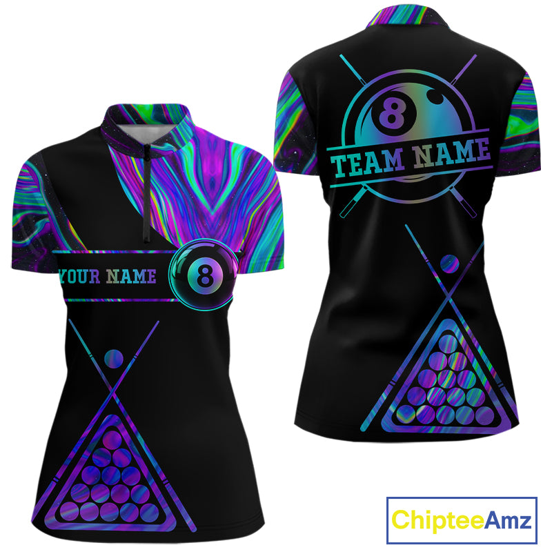 Neon purple blue 8 ball tie dye quarter zip billiard shirt for women, custom pool team jersey.