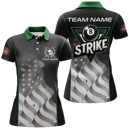 Retro American Flag Strike 8 Ball Billiard Shirts For Women Custom Patriotic Billiard Jerseys |Green TDM2115