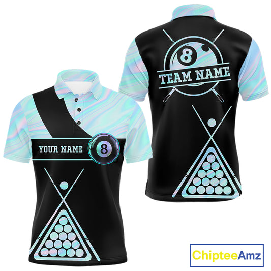 Neon Holographic Blue 8 Ball Pool Tie Dye Billiard Polo Shirt for Men Featuring Vibrant Holographic Tie Dye Artwork for Pool League Players, Team Competition, and Tournament Events
