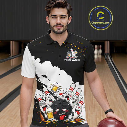 Black And White Funny Beer Drunk Bowling Shirts For Men Custom Bowling League Bowling Team Jersey TDM7381