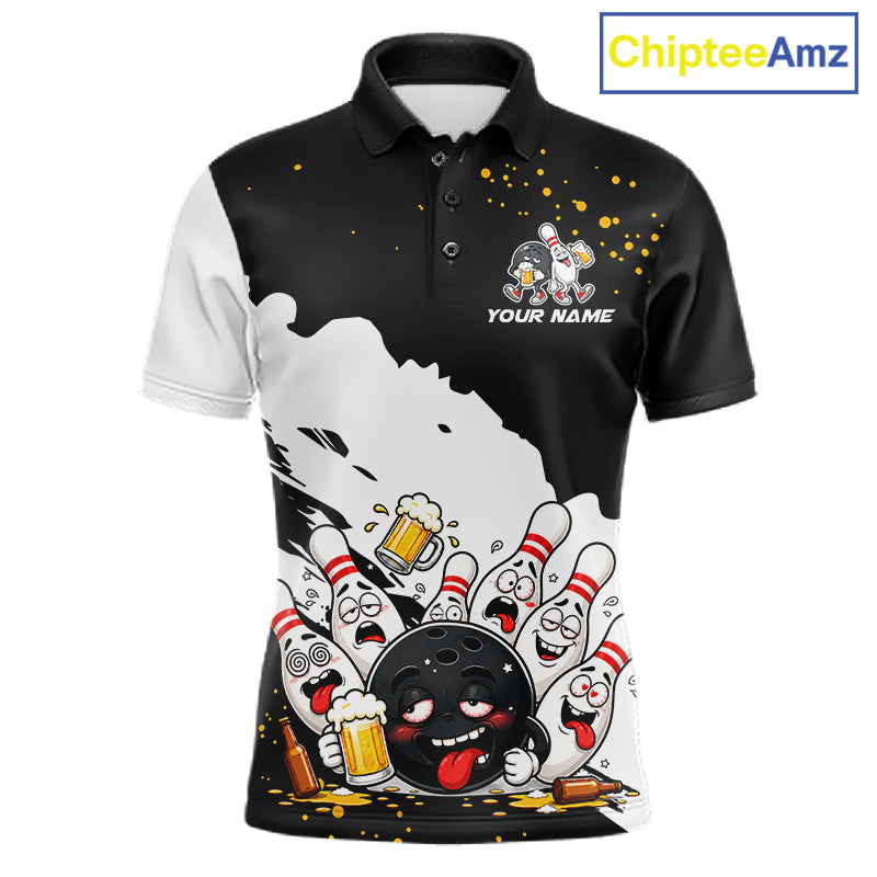 Black And White Funny Beer Drunk Bowling Shirts For Men Custom Bowling League Bowling Team Jersey TDM7381