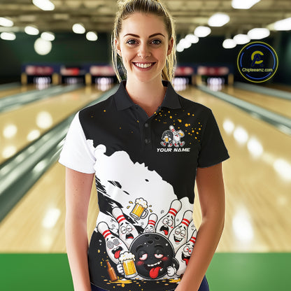 Black And White Funny Beer Drunk Bowling Shirts For Women Custom Bowling League Bowling Team Jersey TDM7381