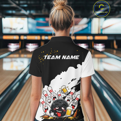 Black And White Funny Beer Drunk Bowling Shirts For Women Custom Bowling League Bowling Team Jersey TDM7381