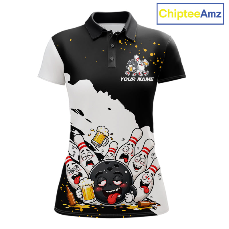 Black And White Funny Beer Drunk Bowling Shirts For Women Custom Bowling League Bowling Team Jersey TDM7381
