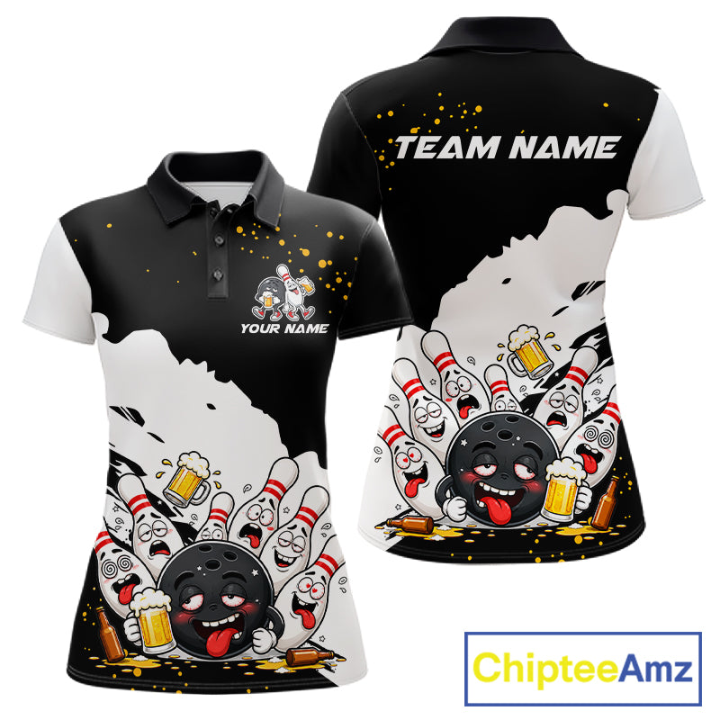 Black And White Funny Beer Drunk Bowling Shirts For Women Custom Bowling League Bowling Team Jersey TDM7381