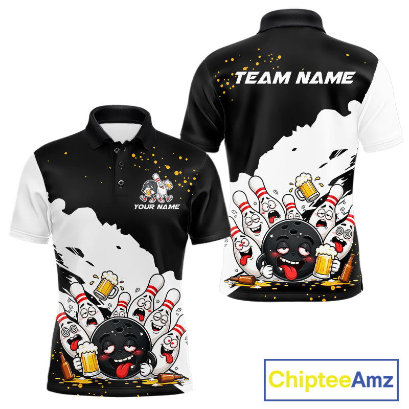 Black And White Funny Beer Drunk Bowling Shirts For Men Custom Bowling League Bowling Team Jersey TDM7381