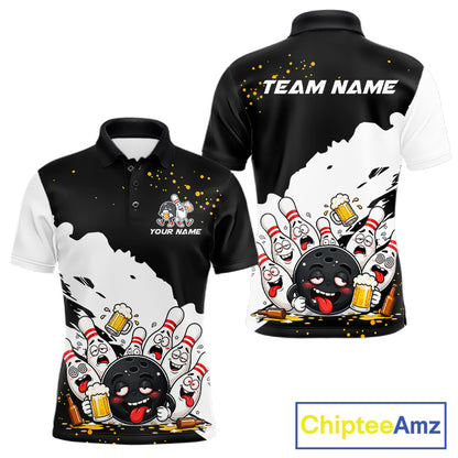 Black And White Funny Beer Drunk Bowling Shirts For Men Custom Bowling League Bowling Team Jersey TDM7381