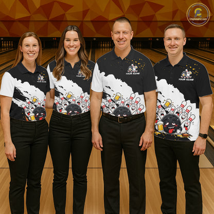 Black And White Funny Beer Drunk Bowling Shirts For Men Custom Bowling League Bowling Team Jersey TDM7381