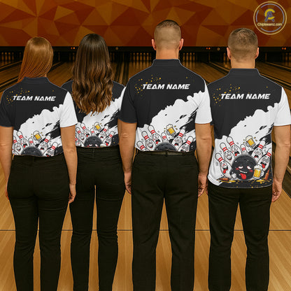 Black And White Funny Beer Drunk Bowling Shirts For Men Custom Bowling League Bowling Team Jersey TDM7381