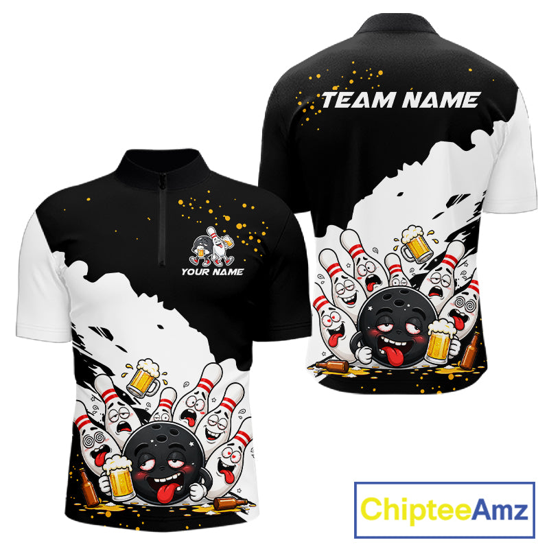 Black And White Funny Beer Drunk Bowling Shirts For Men Custom Bowling League Bowling Team Jersey TDM7381