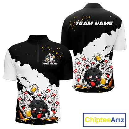 Black And White Funny Beer Drunk Bowling Shirts For Men Custom Bowling League Bowling Team Jersey TDM7381