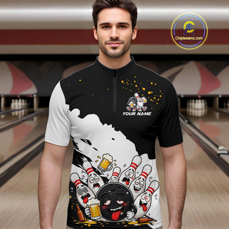 Black And White Funny Beer Drunk Bowling Shirts For Men Custom Bowling League Bowling Team Jersey TDM7381