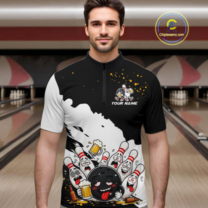 Black And White Funny Beer Drunk Bowling Shirts For Men Custom Bowling League Bowling Team Jersey TDM7381