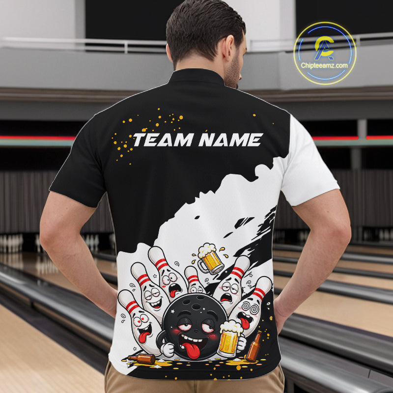 Black And White Funny Beer Drunk Bowling Shirts For Men Custom Bowling League Bowling Team Jersey TDM7381