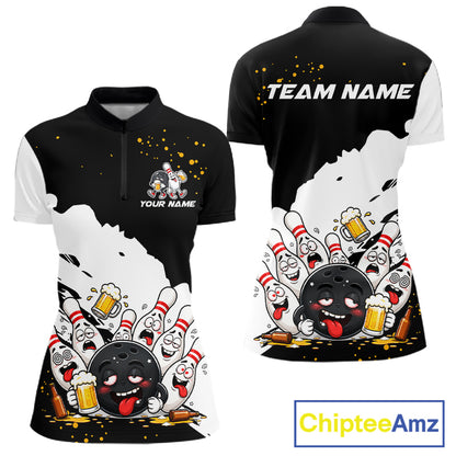 Black And White Funny Beer Drunk Bowling Shirts For Women Custom Bowling League Bowling Team Jersey TDM7381