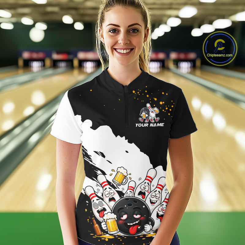 Black And White Funny Beer Drunk Bowling Shirts For Women Custom Bowling League Bowling Team Jersey TDM7381