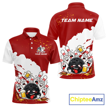 White And Red Funny Beer Drunk Bowling Shirts For Men Custom Bowling League Bowling Team Jersey TDM7382