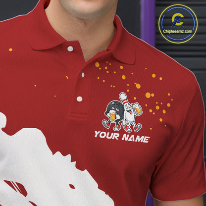 White And Red Funny Beer Drunk Bowling Shirts For Men Custom Bowling League Bowling Team Jersey TDM7382