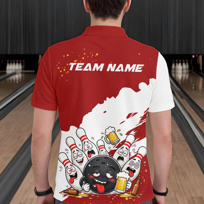 White And Red Funny Beer Drunk Bowling Shirts For Men Custom Bowling League Bowling Team Jersey TDM7382