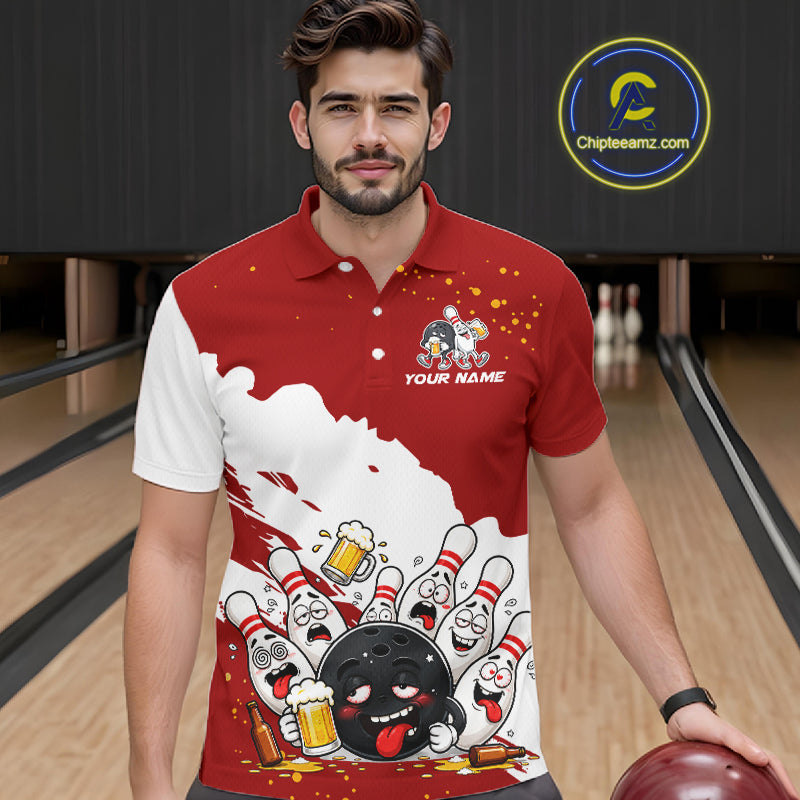 White And Red Funny Beer Drunk Bowling Shirts For Men Custom Bowling League Bowling Team Jersey TDM7382