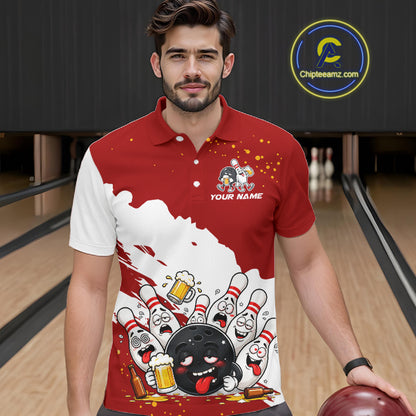 White And Red Funny Beer Drunk Bowling Shirts For Men Custom Bowling League Bowling Team Jersey TDM7382