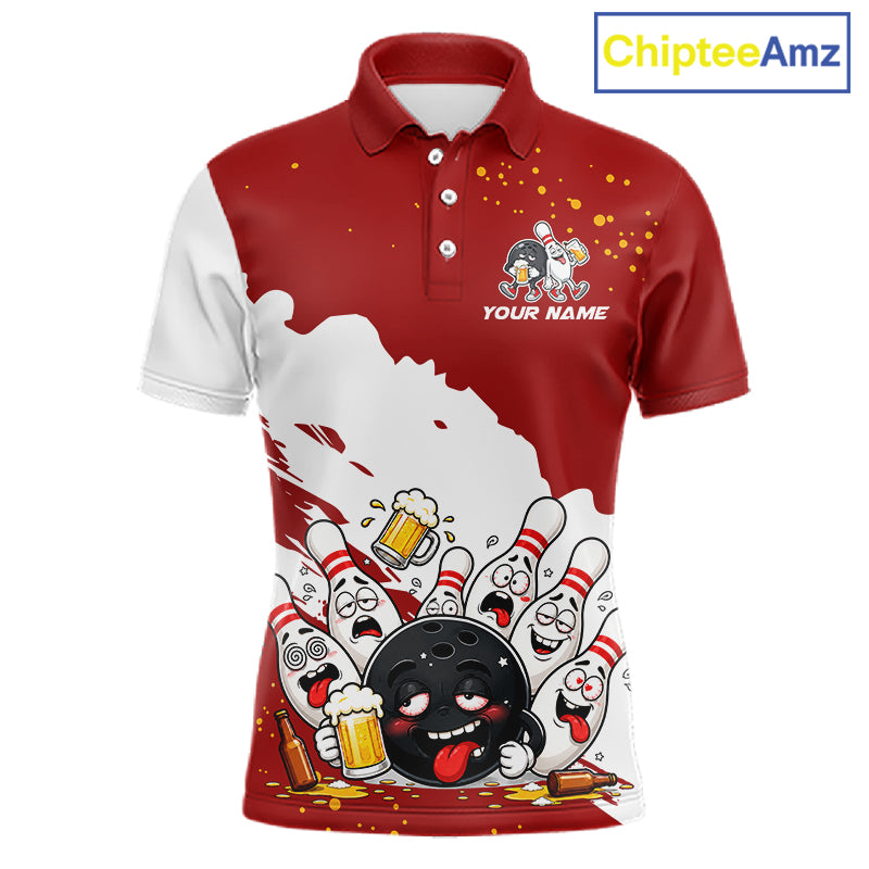 White And Red Funny Beer Drunk Bowling Shirts For Men Custom Bowling League Bowling Team Jersey TDM7382