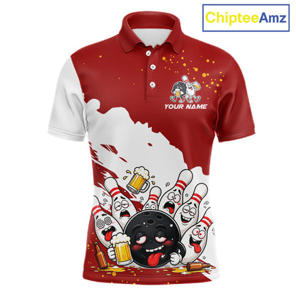 White And Red Funny Beer Drunk Bowling Shirts For Men Custom Bowling League Bowling Team Jersey TDM7382