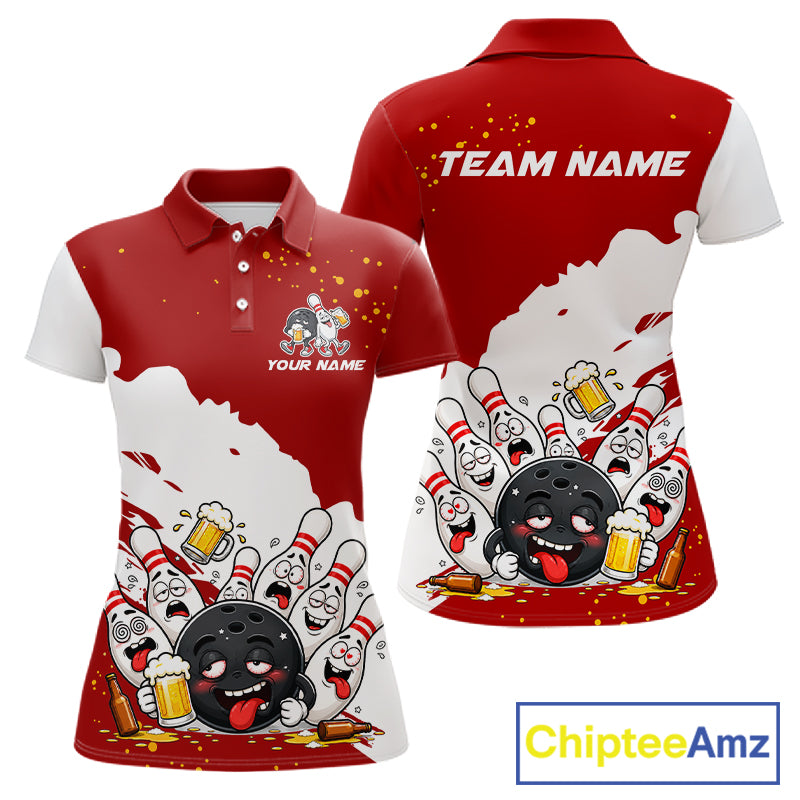 White And Red Funny Beer Drunk Bowling Shirts For Women Custom Bowling League Bowling Team Jersey TDM7382