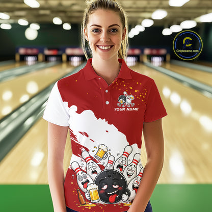 White And Red Funny Beer Drunk Bowling Shirts For Women Custom Bowling League Bowling Team Jersey TDM7382