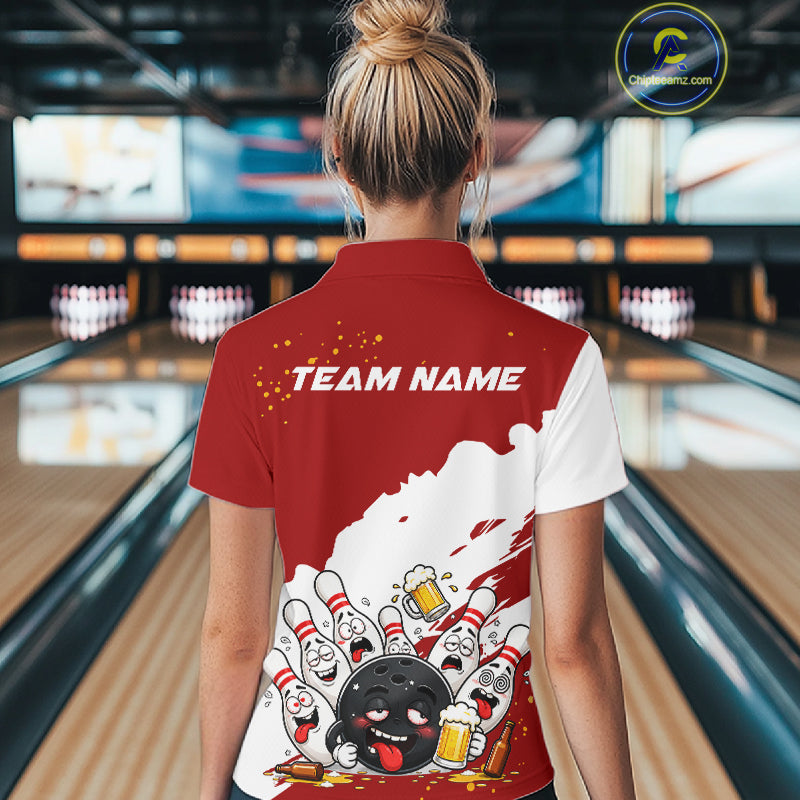 White And Red Funny Beer Drunk Bowling Shirts For Women Custom Bowling League Bowling Team Jersey TDM7382