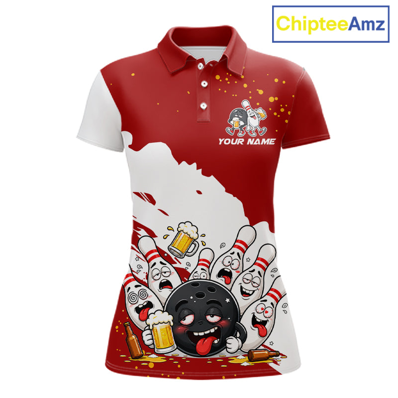 White And Red Funny Beer Drunk Bowling Shirts For Women Custom Bowling League Bowling Team Jersey TDM7382