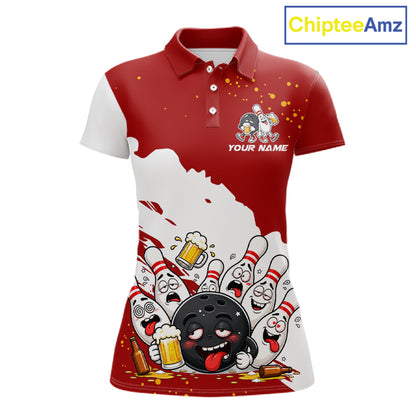 White And Red Funny Beer Drunk Bowling Shirts For Women Custom Bowling League Bowling Team Jersey TDM7382