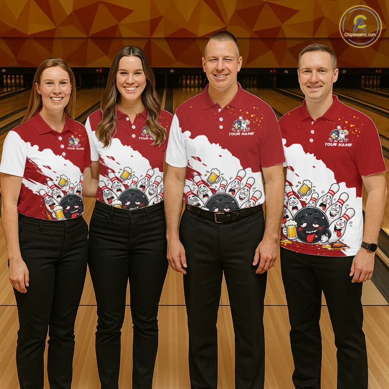 White And Red Funny Beer Drunk Bowling Shirts For Men Custom Bowling League Bowling Team Jersey TDM7382